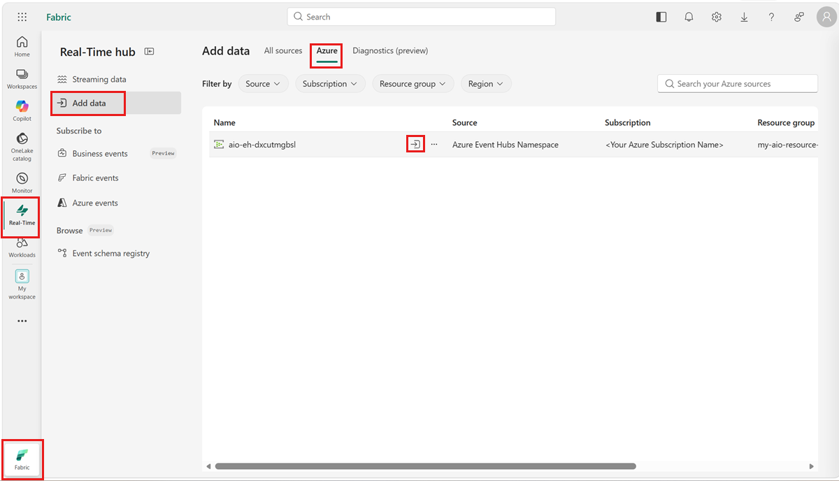 Screenshot of how to select an event hub namespace to connect to an eventstream.