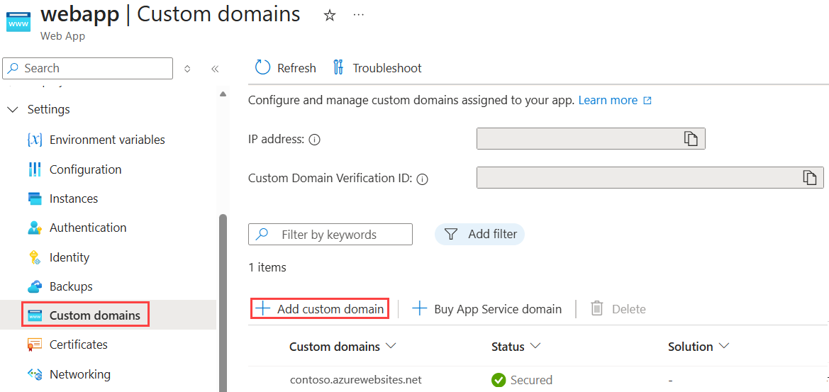 A screenshot that shows how to open the Add custom domain dialog.