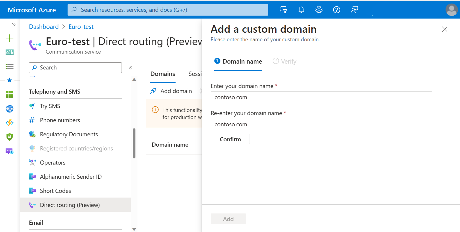 Screenshot of adding a custom domain.
