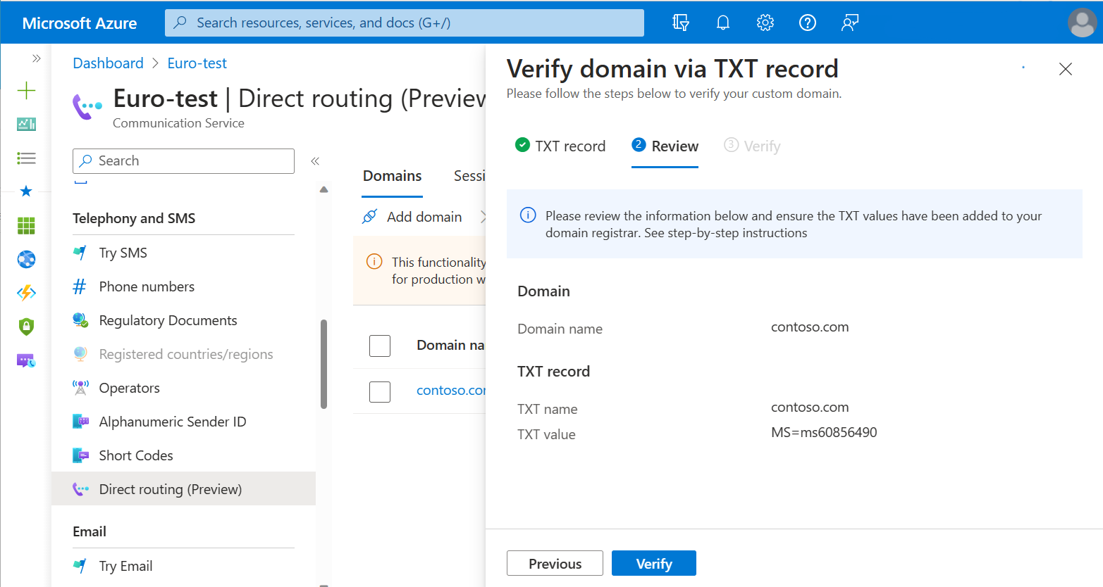 Screenshot of verifying a custom domain.