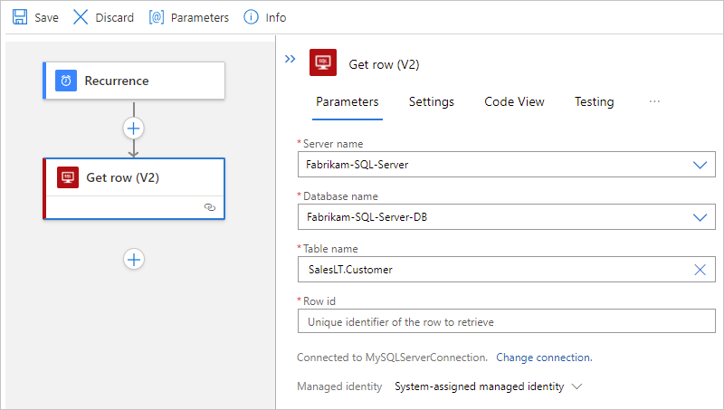 Screenshot shows Consumption workflow designer and action named Get row with the example table name and empty row ID.