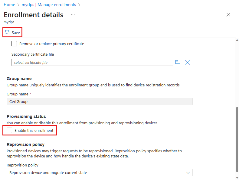 Screenshot that shows disabling an enrollment group in the portal.