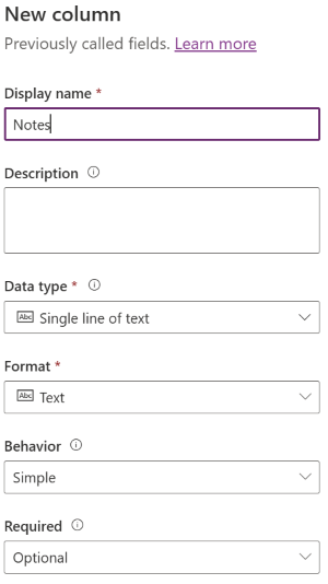 Screenshot of Column creation.