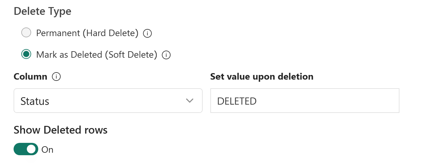 Screenshot of configuring the settings for different types of delete.