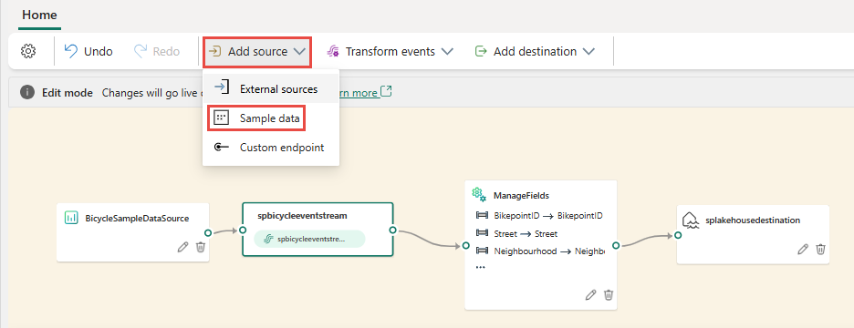 Screenshot of selections for adding sample data to an eventstream.