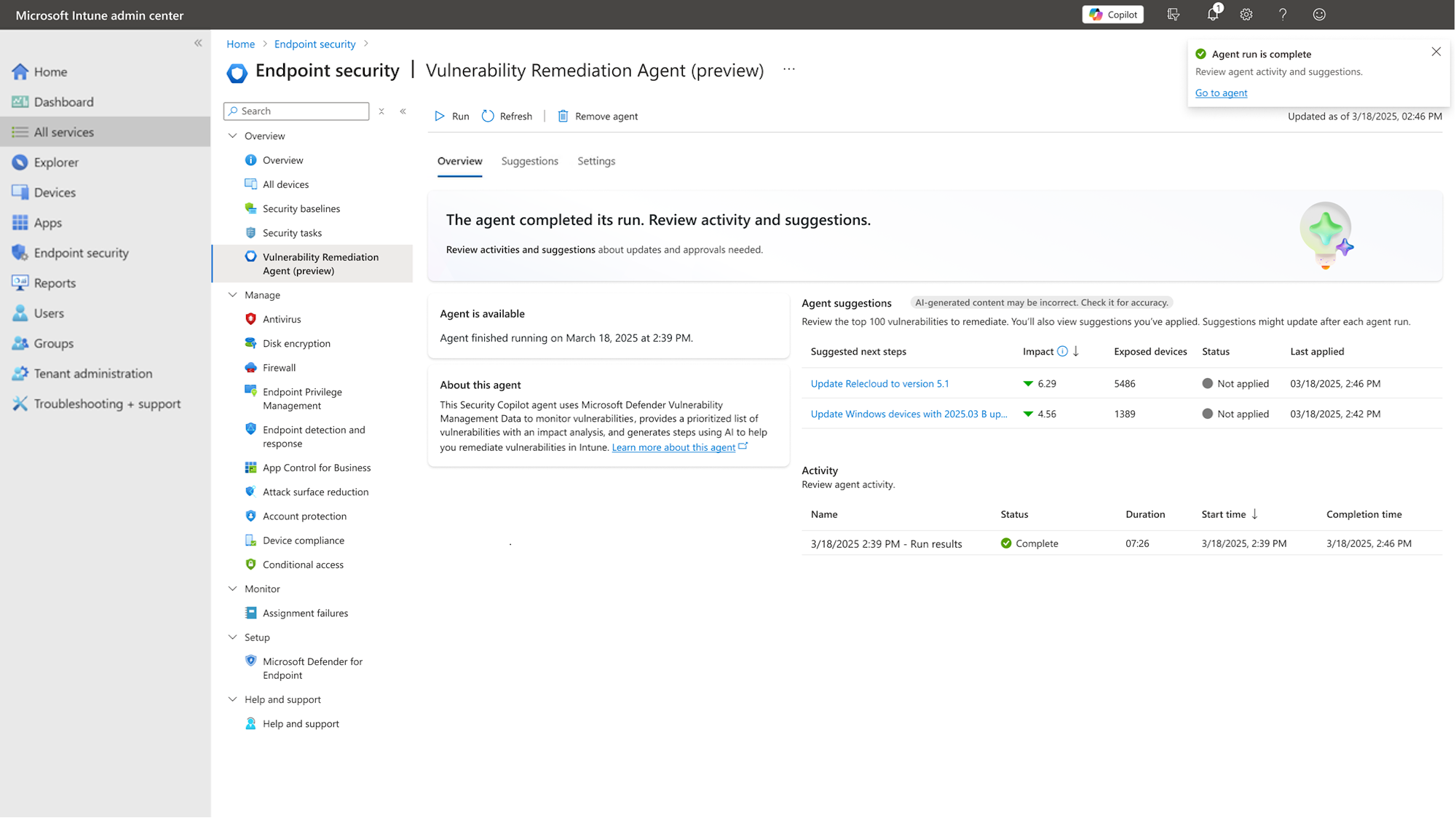 A screenshot that displays the Remediation Agent home page in the admin center.