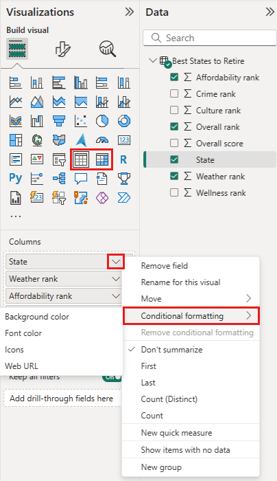 Conditional formatting menu