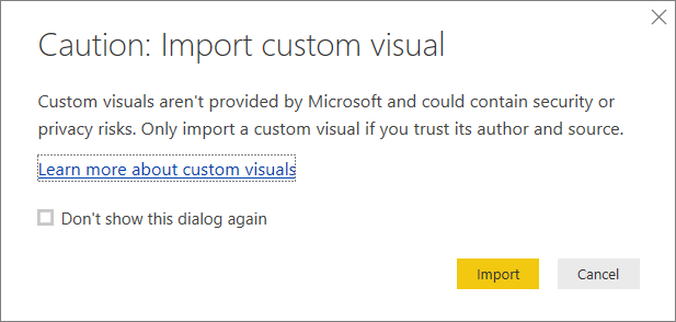 Screenshot showing the warning when importing a custom visual into Power BI Desktop.