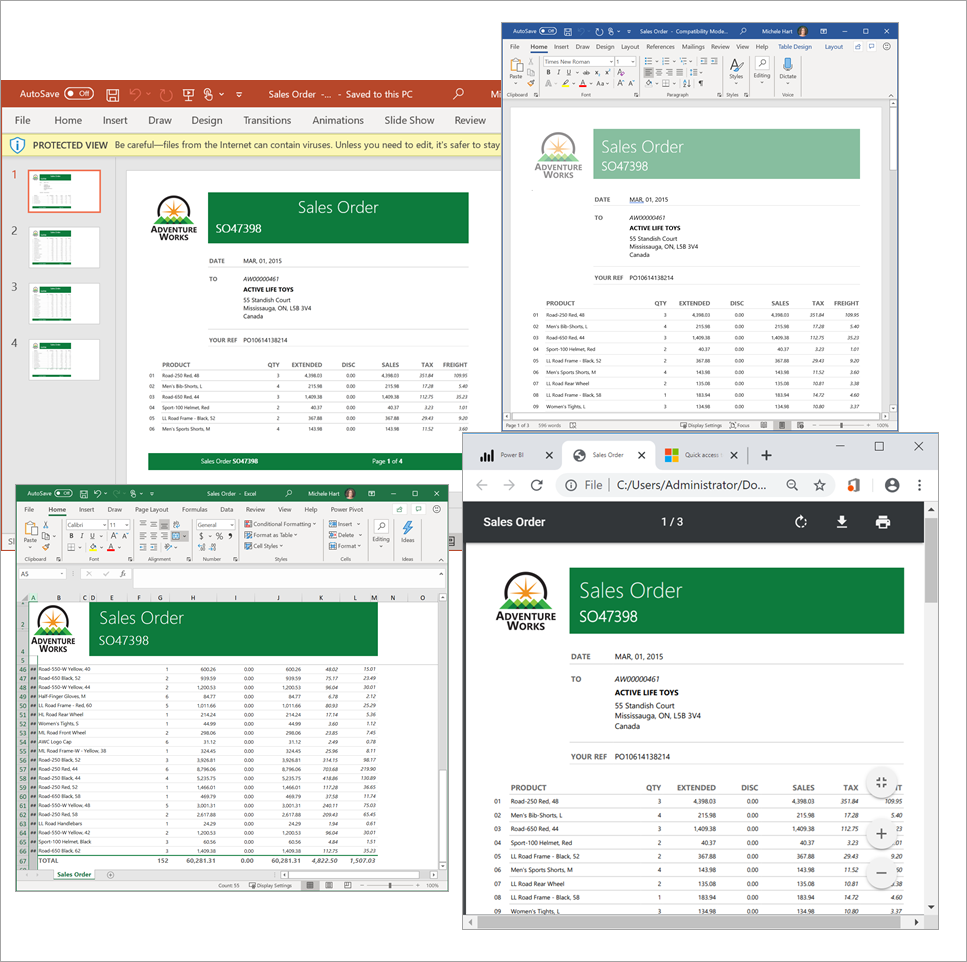 Screenshot showing four different export types.