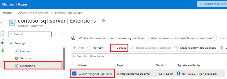 Screenshot of the Extension pane for the Machine - Azure Arc pane in the Azure portal, with update highlighted.
