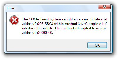 screen shot of message: access violation address
