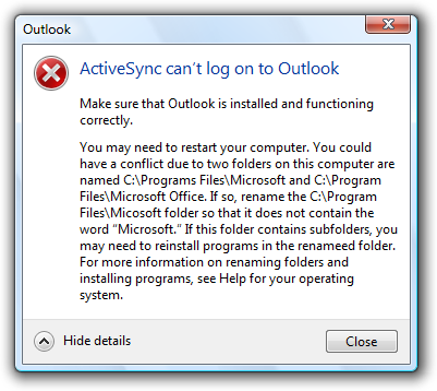 screen shot of message: activesync can't log on