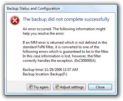 screen shot of error message: backup not complete