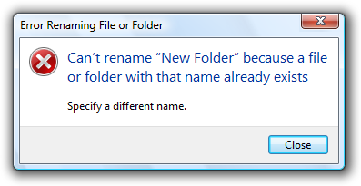 Screenshot that shows a 'Can't rename new folder' message.