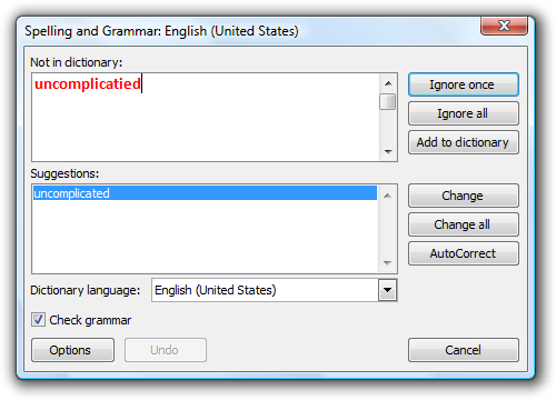 screen shot of spelling and grammar dialog box