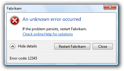screen shot of message: unknown error occurred