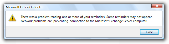Screen shot of warning of network problems