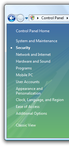 screen shot of control panel items