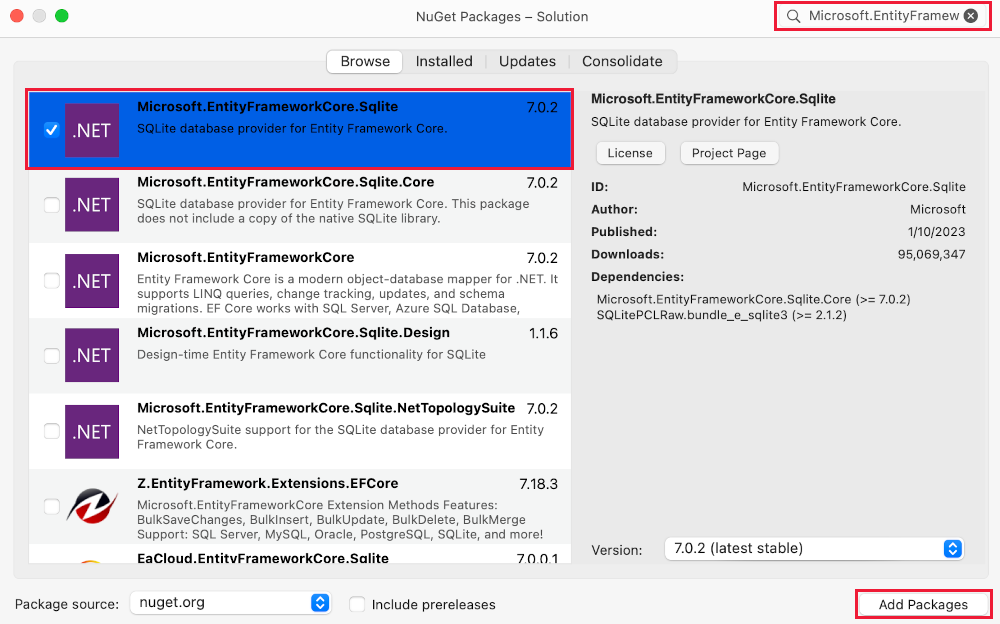 Add Entity Framework Core NuGet Package