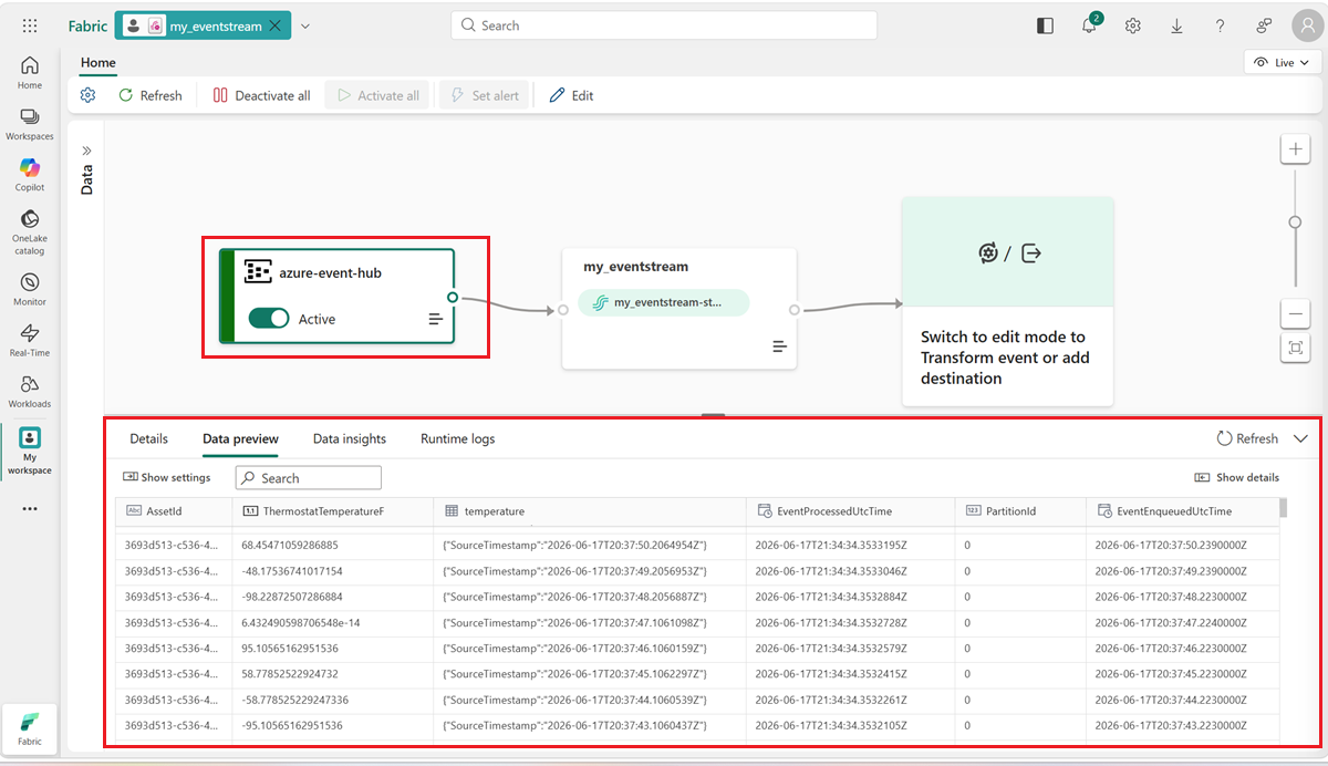 Screenshot of the eventstream with data from the AzureEventHub source.