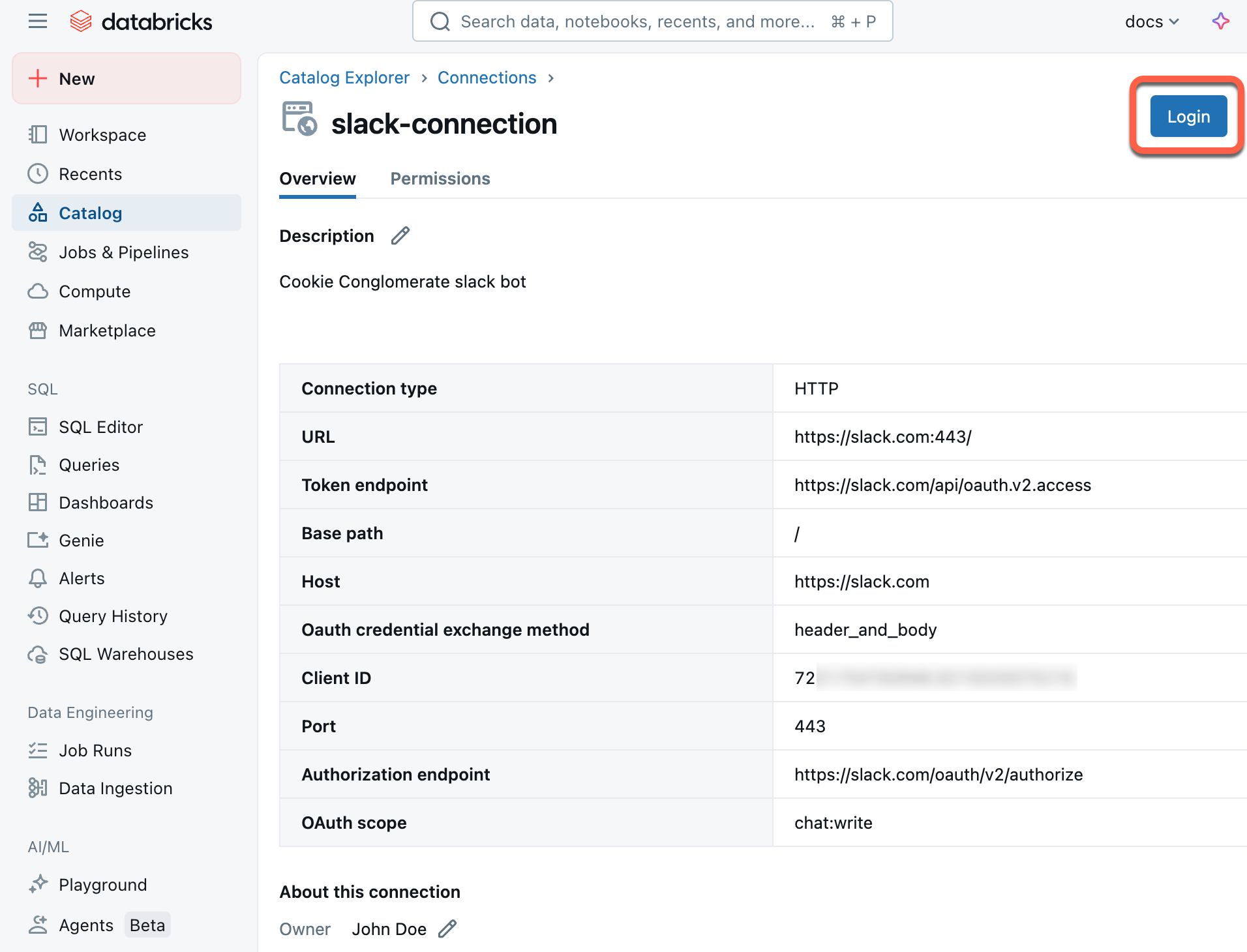 Login to Slack connection