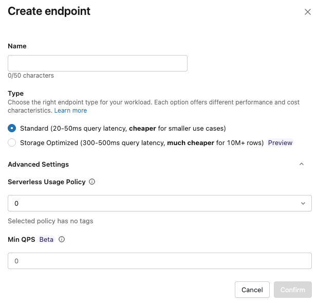 Create vector search endpoint dialog.