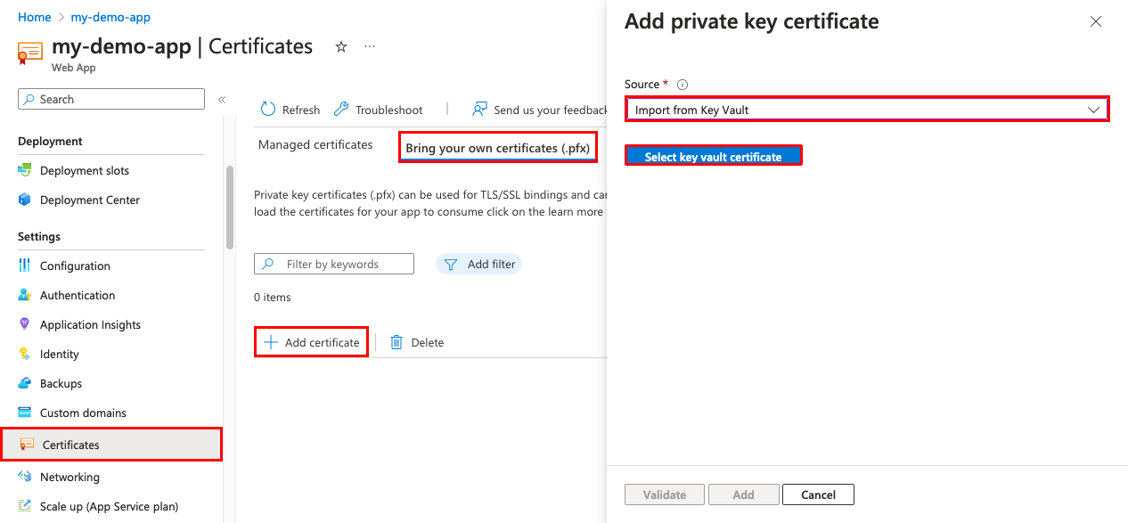 Screenshot of app management page with 'Certificates', 'Bring your own certificates (.pfx)', and 'Import from Key Vault' selected