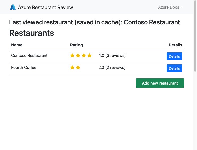 A screenshot of the Django web app with PostgreSQL running in Azure showing restaurants and restaurant reviews (Django).
