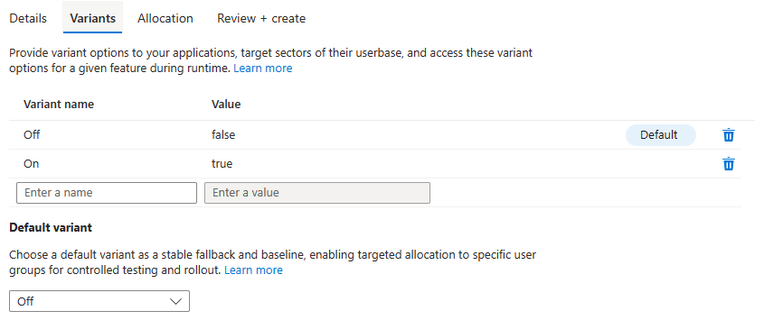 Screenshot of the Azure platform showing the variants tab.