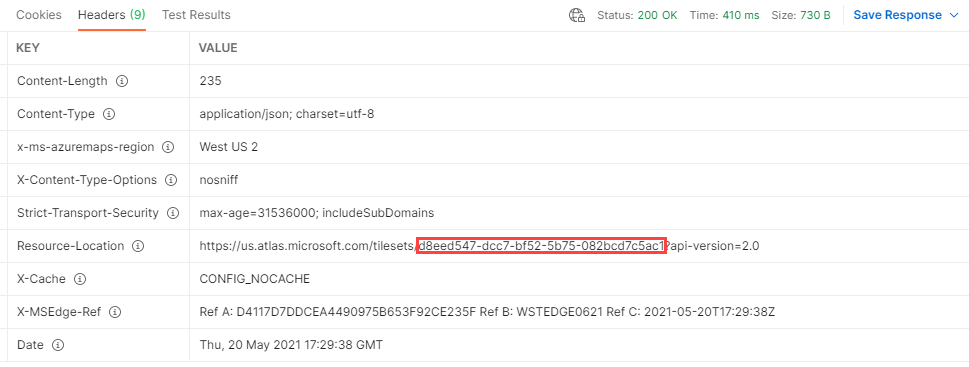 Screenshot of Postman that shows the tileset ID, which is part of the value of the resource location URL in the response header.