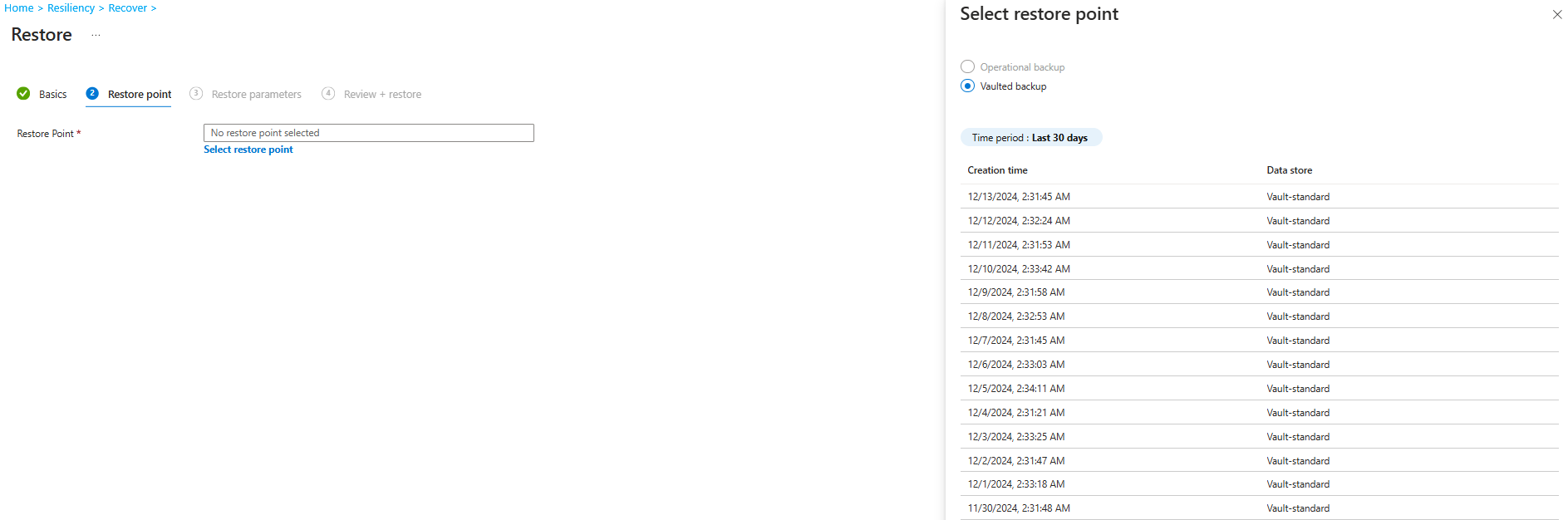 Screenshot shows the restore options for blob vaulted backup.
