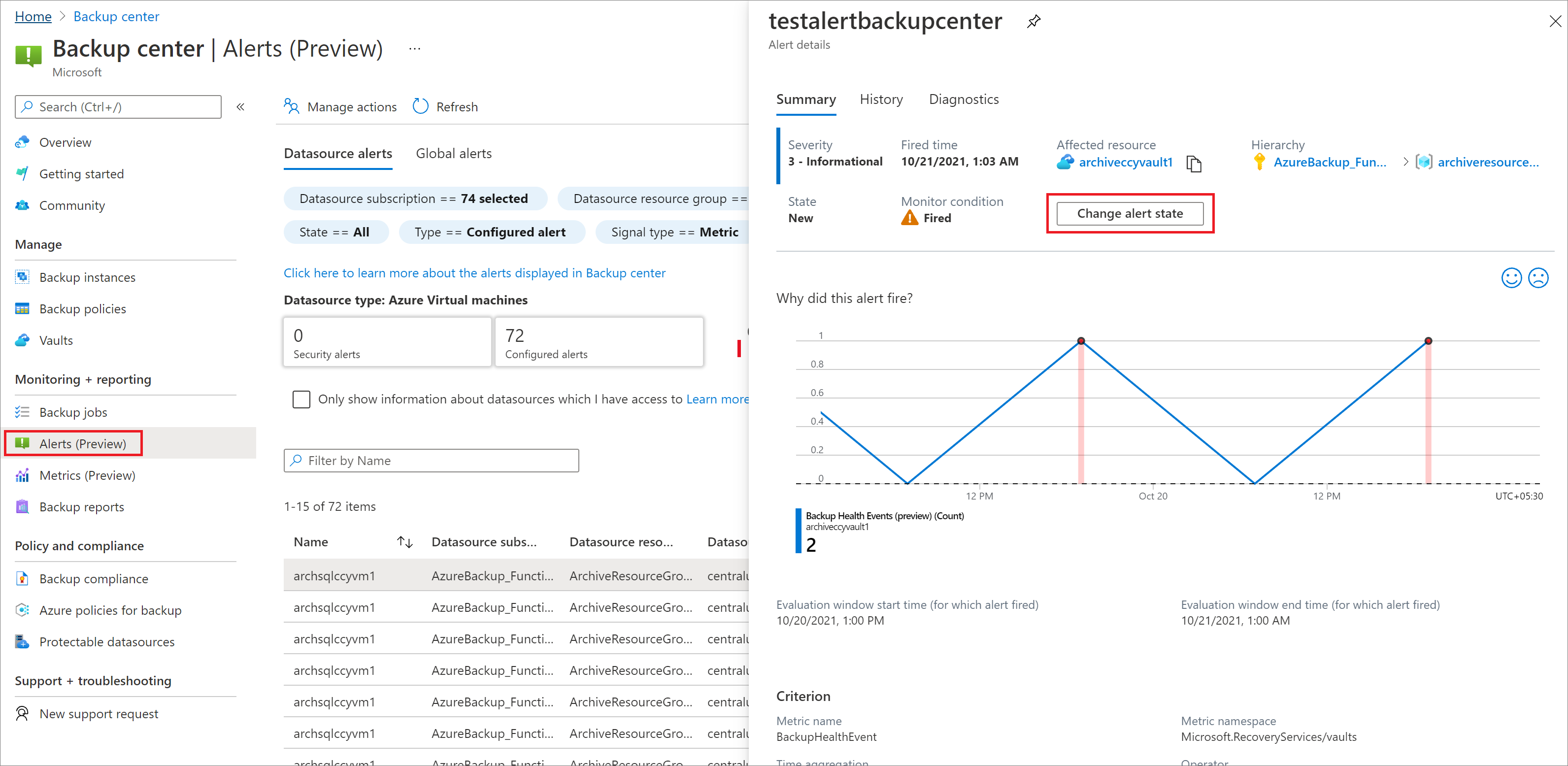 Screenshot showing the process to view your fired metric alerts.