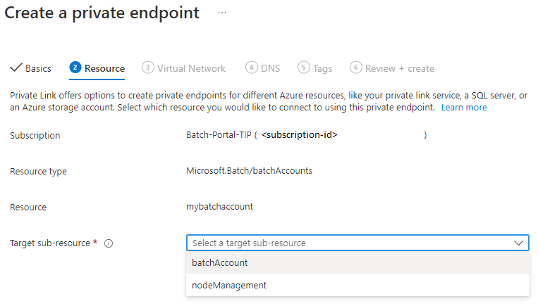 Screenshot of creating a private endpoint - Resource pane.