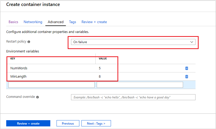 Portal page showing environment variable Enable button and text boxes