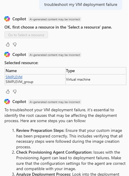 Screenshot of Azure Copilot responding to a request to troubleshoot VM deployment failure.