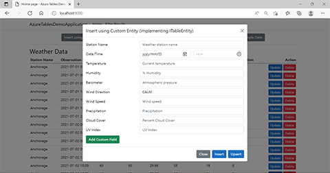 A screenshot of the application showing the dialog box used to insert data using an object with custom fields.