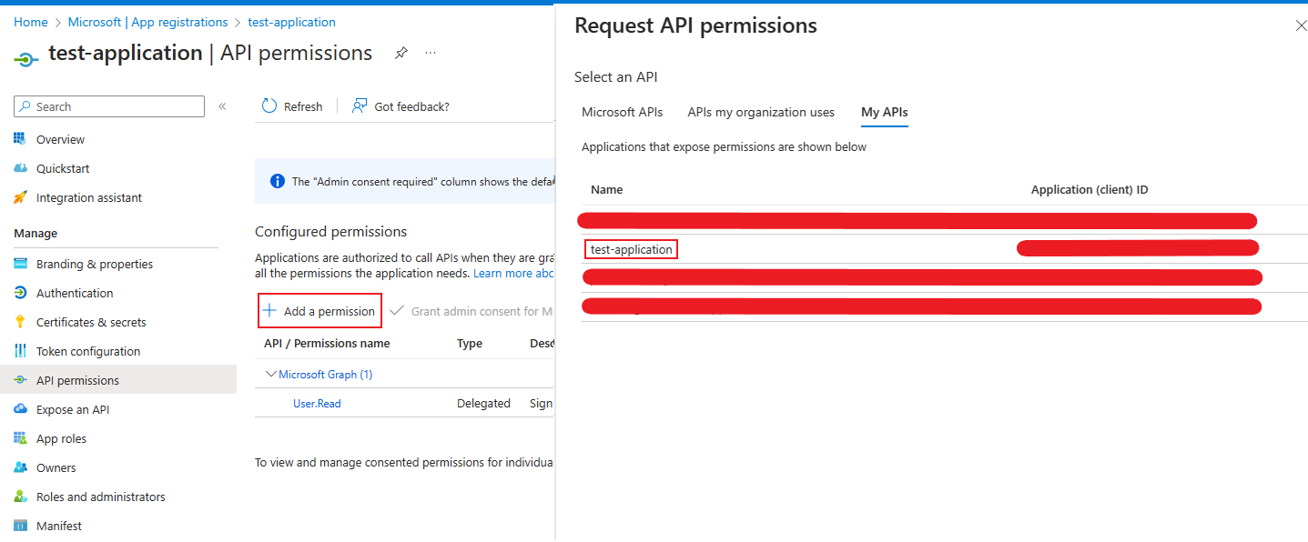 Screenshot of the API permissions table alongside the side menu for adding one.