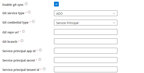 Screenshot that shows the Git SPN credential options in the Airflow environment setup dialog that appears during creation of an Workflow Orchestration Manager integration runtime.