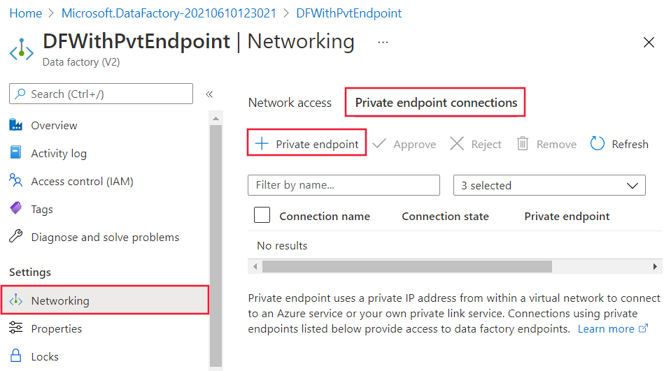 Screenshot that shows the Private endpoint connections pane used for creating a private endpoint.