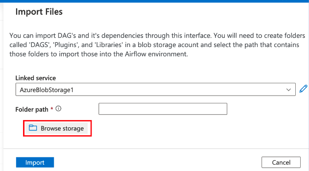 Screenshot shows browse storage in import files.