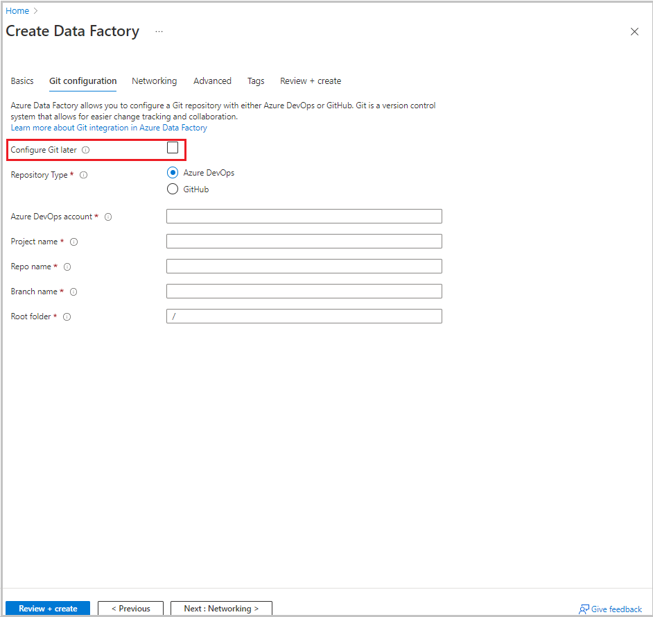 Screenshot that shows options for Git configuration in creating a data factory.