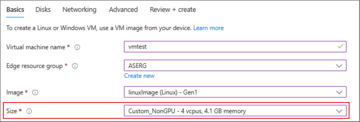 Screenshot of Azure portal dropdown menu with custom VM size.