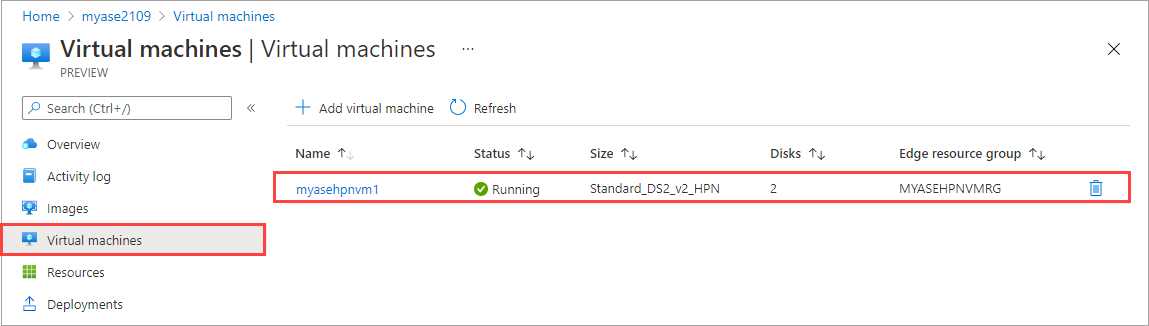 Screenshot showing the Virtual Machines pane of an Azure Stack Edge device. The Virtual Machines label and a virtual machine entry are highlighted.