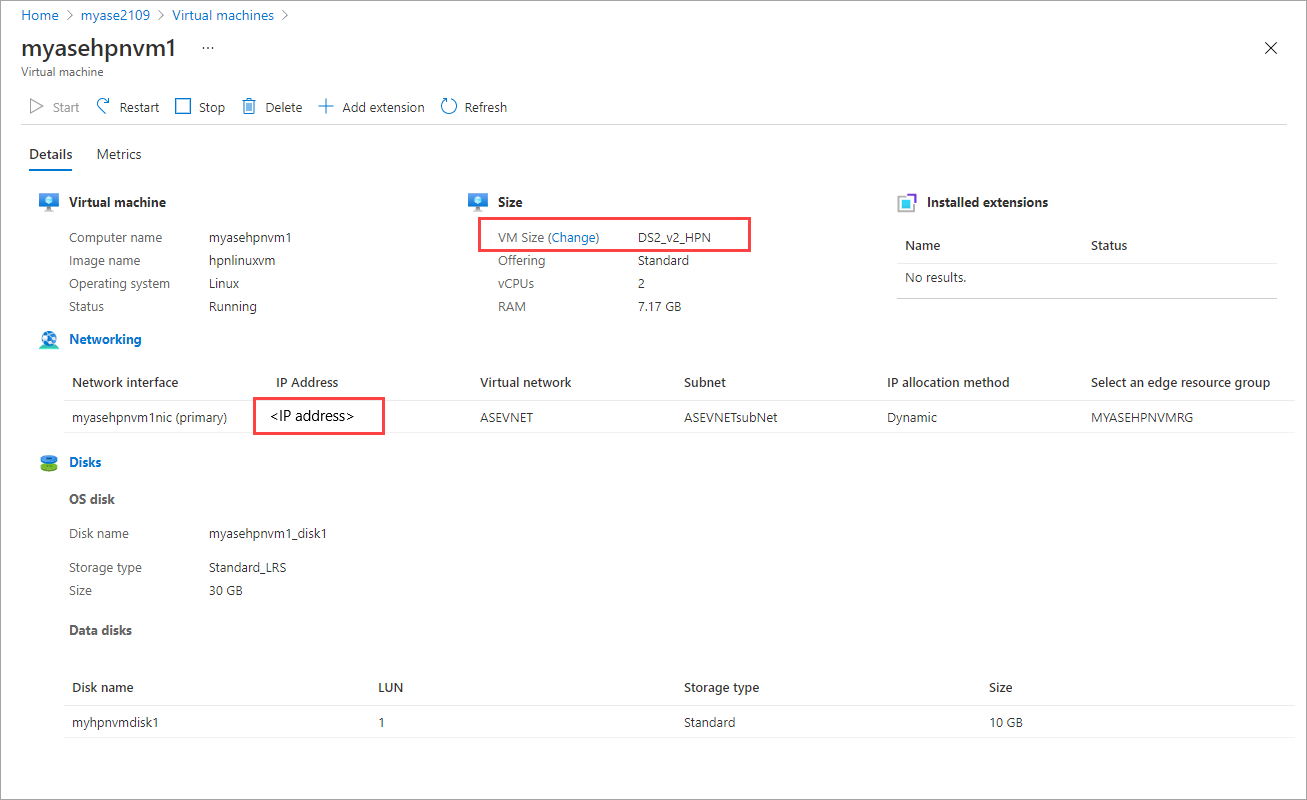 Screenshot that shows the Details tab on the Overview pane for a virtual machine in Azure Stack Edge. The VM size and the IP Address in Networking are highlighted.