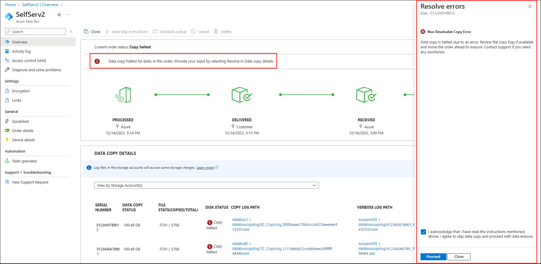 Screenshot of a Data Box Disk order with Resolve errors pane.