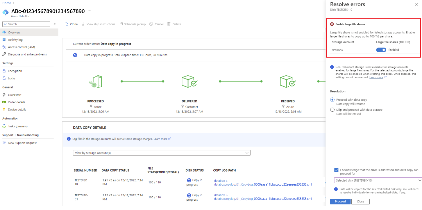 Screenshot of a Data Box Disk order with Resolve errors pane and Enable large file shares highlighted.