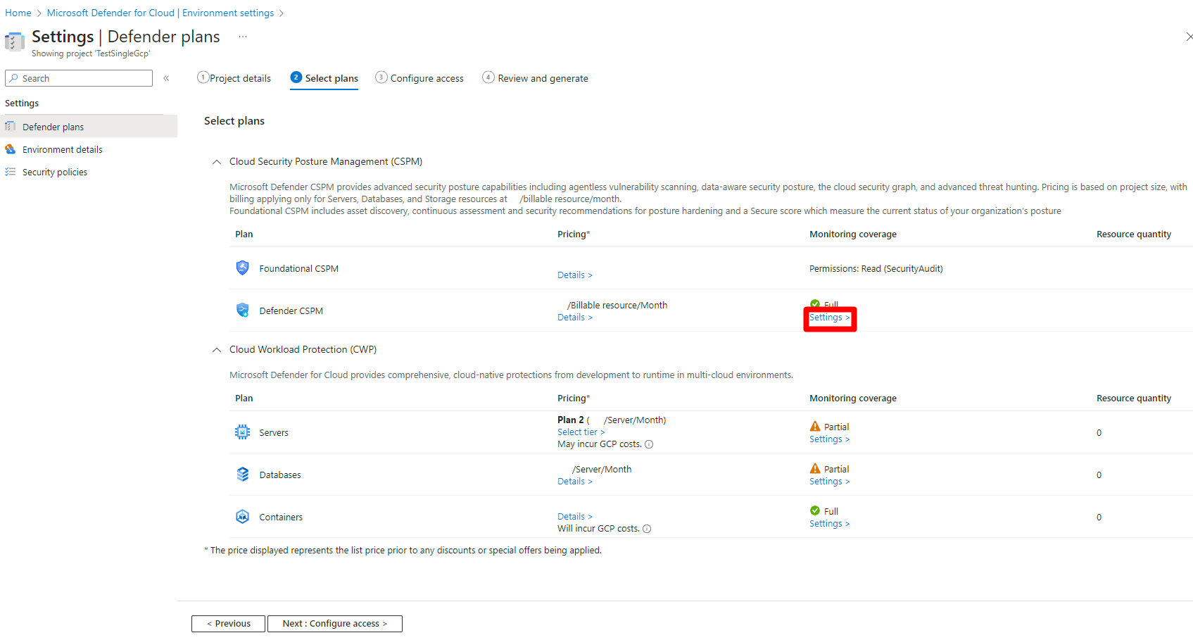Screenshot that shows where to select settings for the Defender CSPM plan for your GCP project.