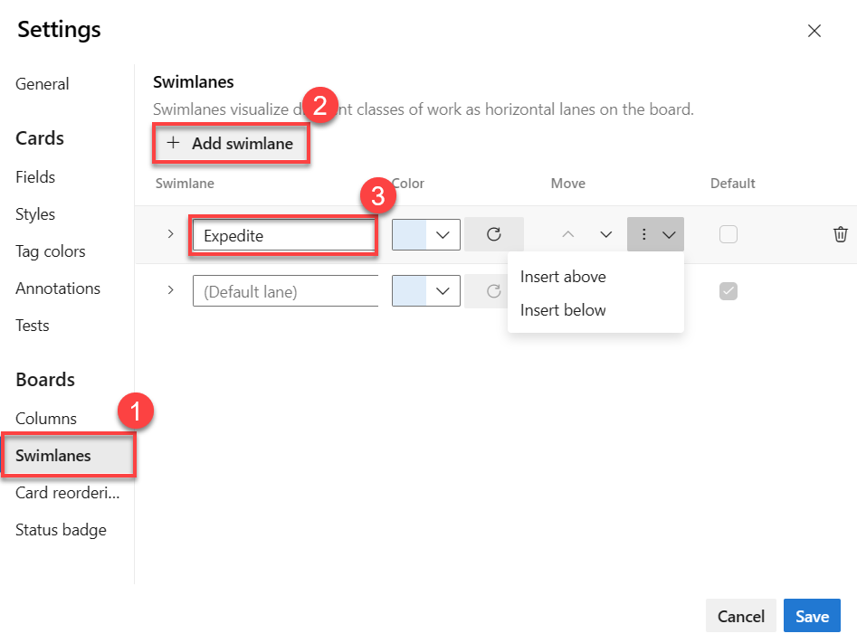 Screenshot of board Settings, Swimlane tab, Add swimlane.