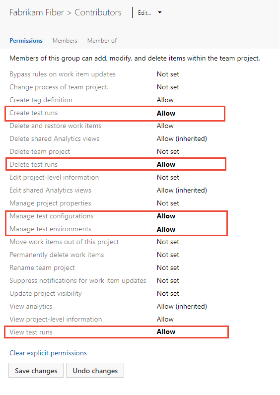 Screenshot of Set project-level test permissions for a custom group, Team Admin.