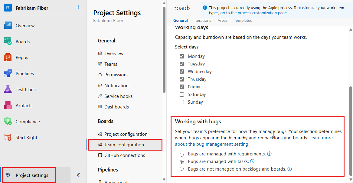 Screenshot showing sequence of navigation selection for working with bugs from project settings.